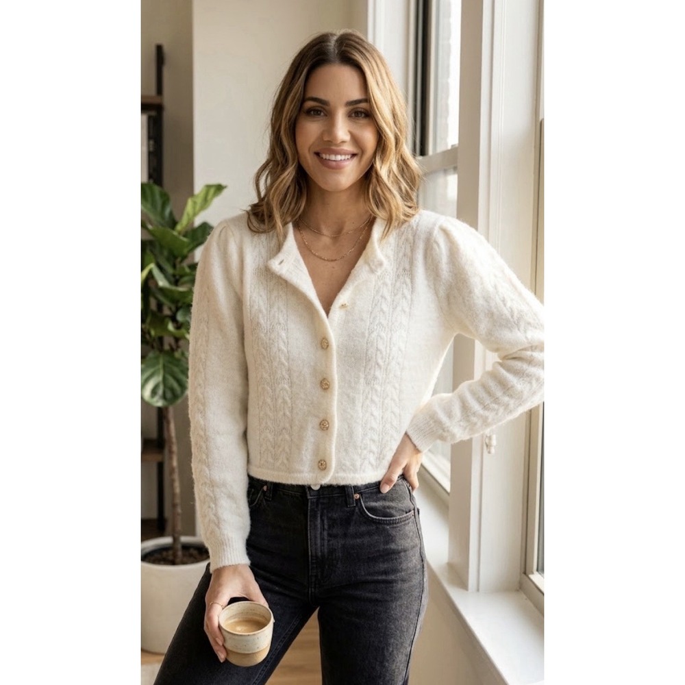 Camila Coelho Cardigan Sweater Cable Knit Alpaca Wool Poly Blend Size Large